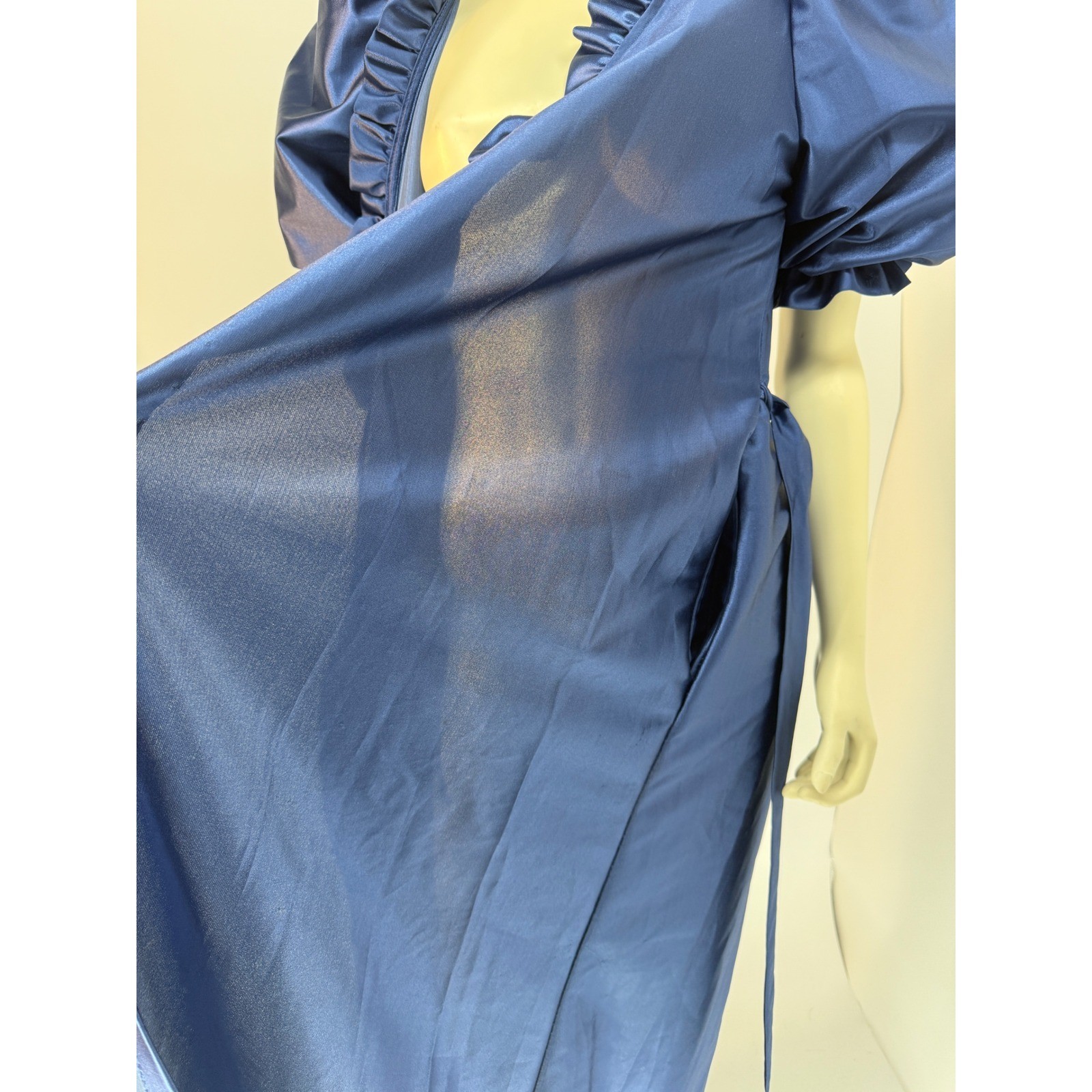 Vintage Puff Sleeve Satin Robe Royal Blue Ruffle Neck Tie Waist Maxi Wrap M/L