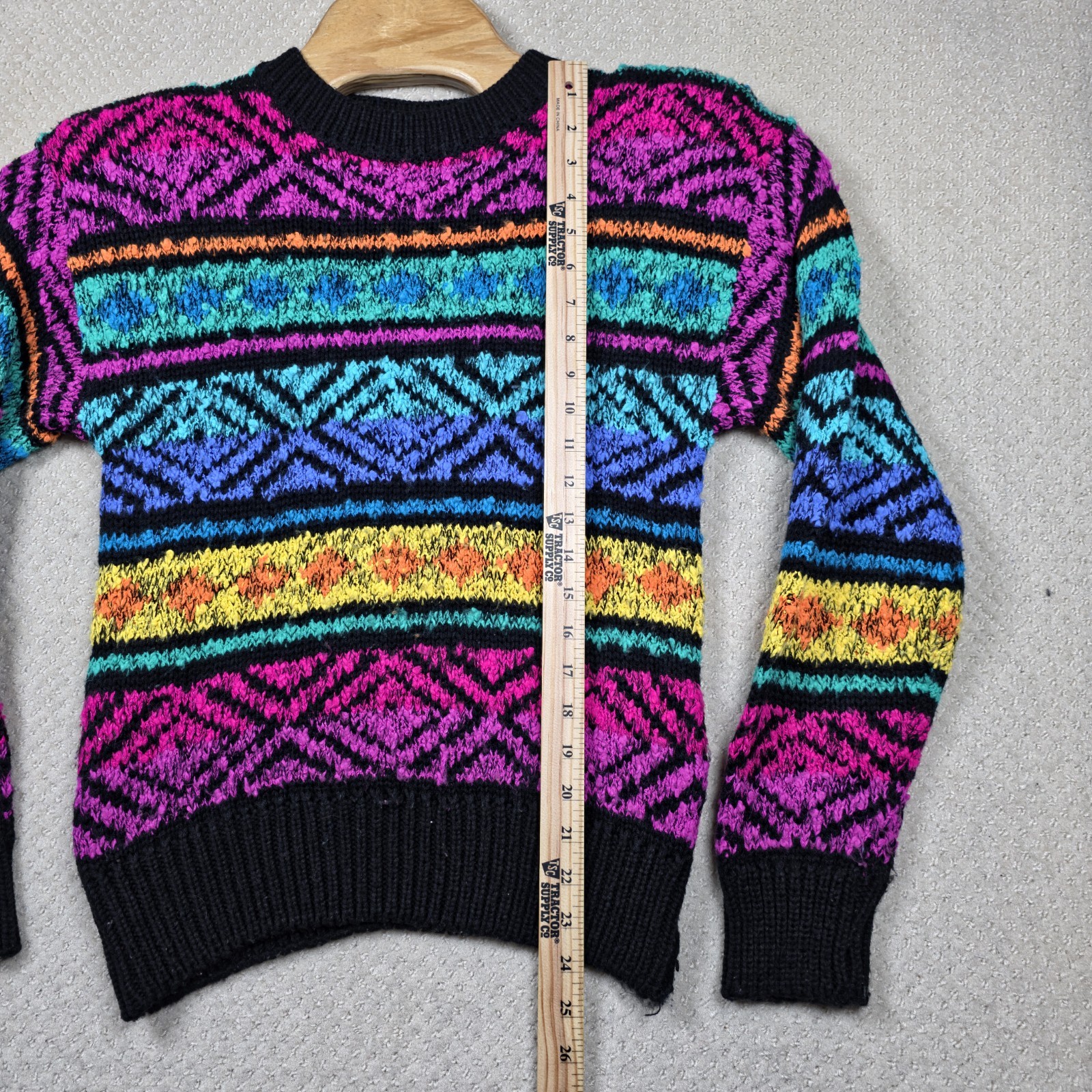 VTG 80s Cristina Sweater Women M Black Neon Aztec Cosby Chunky Knit Shoulder Pad