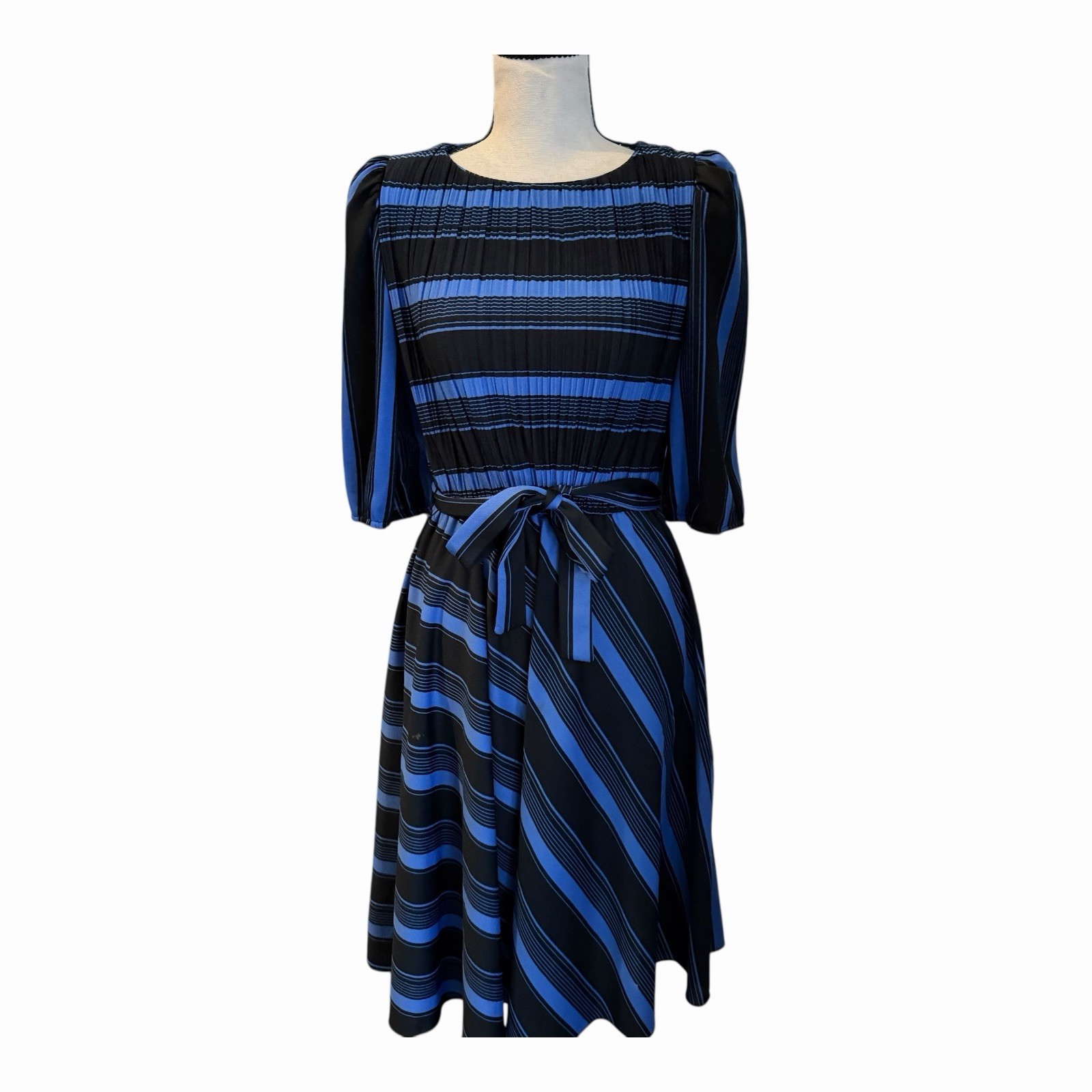 Vintage 70s S.L. Petites Blue Black Striped Tie Waist Midi Dress Made in USA S/M