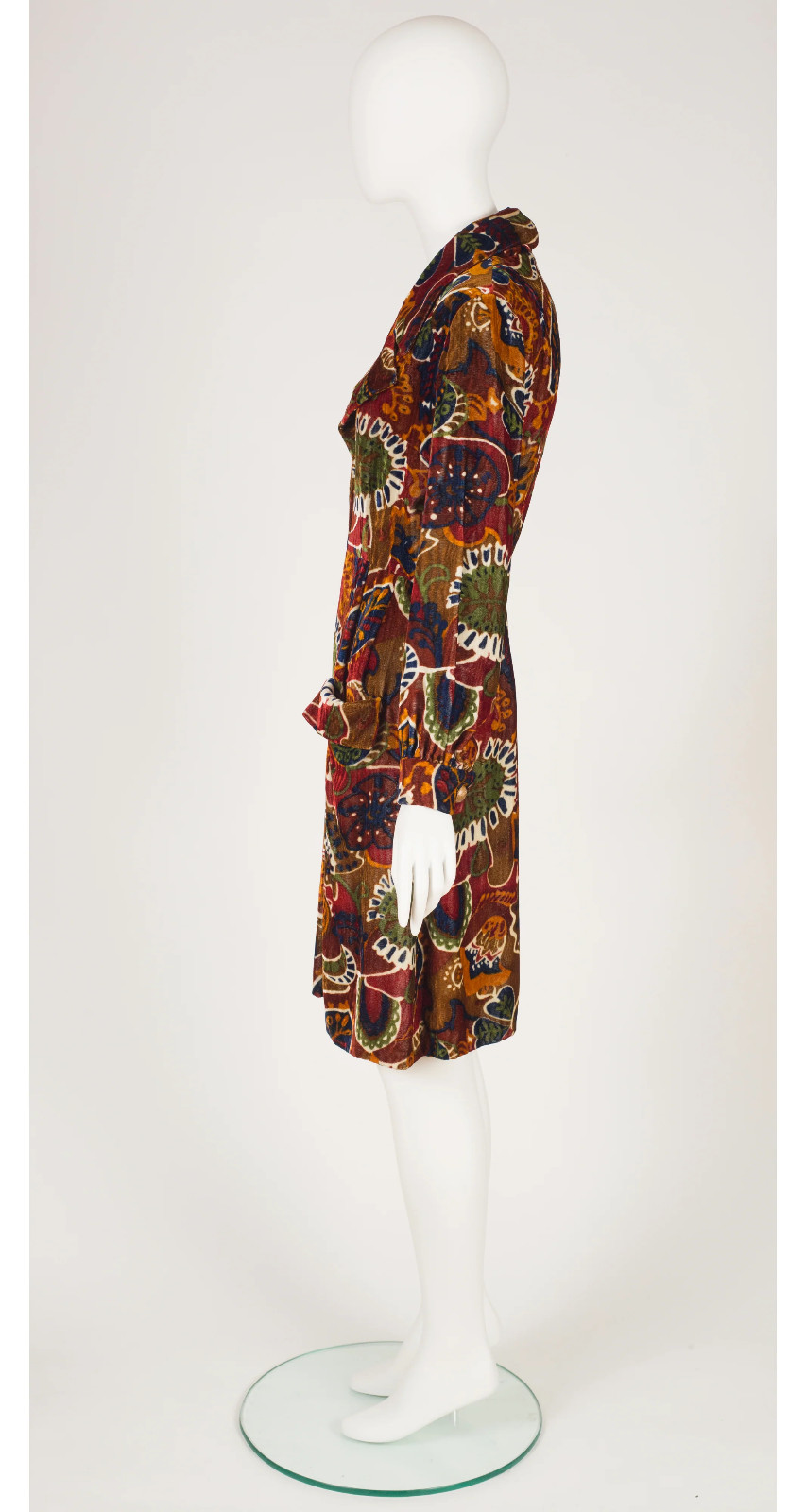 Bill Blass Maurice Rentner 1960s Vintage Printed Velvet Pointed Collar Dress XS
