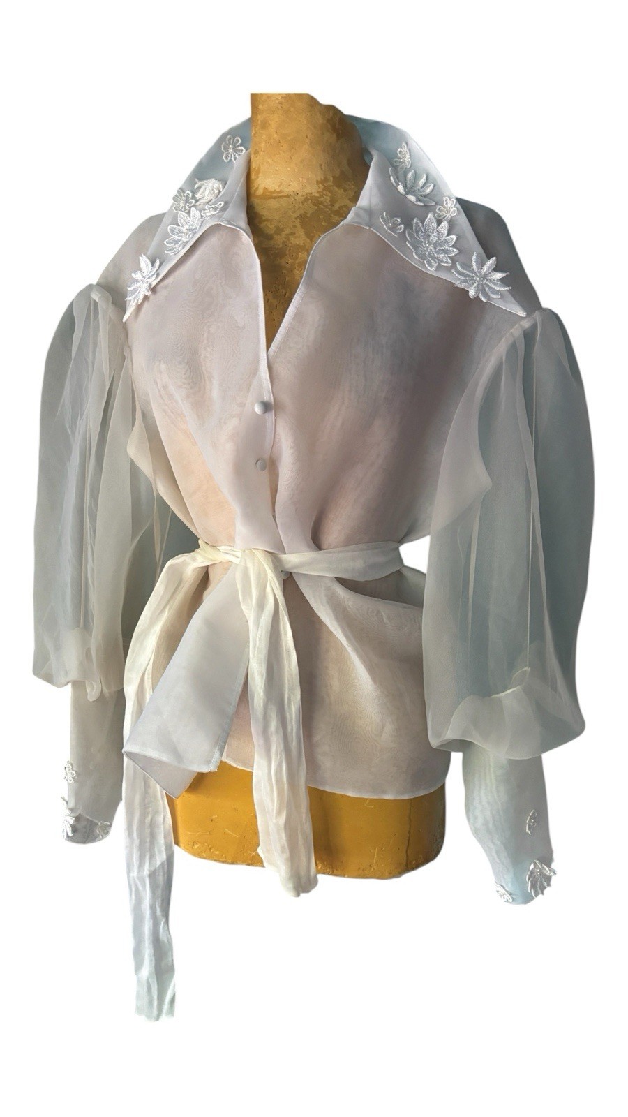 Vintage Sheer White Blouse Couture lStatement Floral Appliqué Long Sleeve