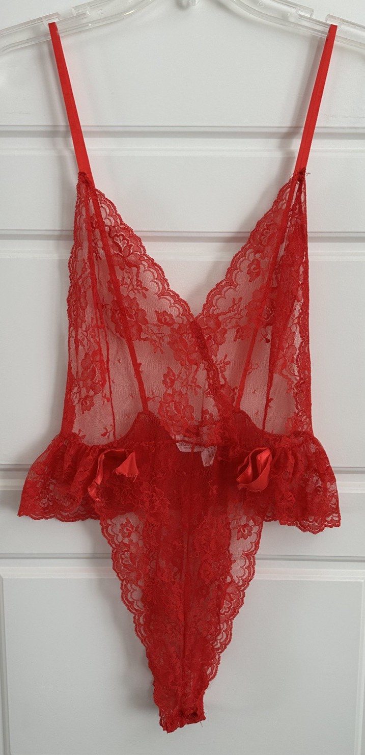 Vintage sexy lingerie sheer lace red teddy snap closure M bodysuit nylon