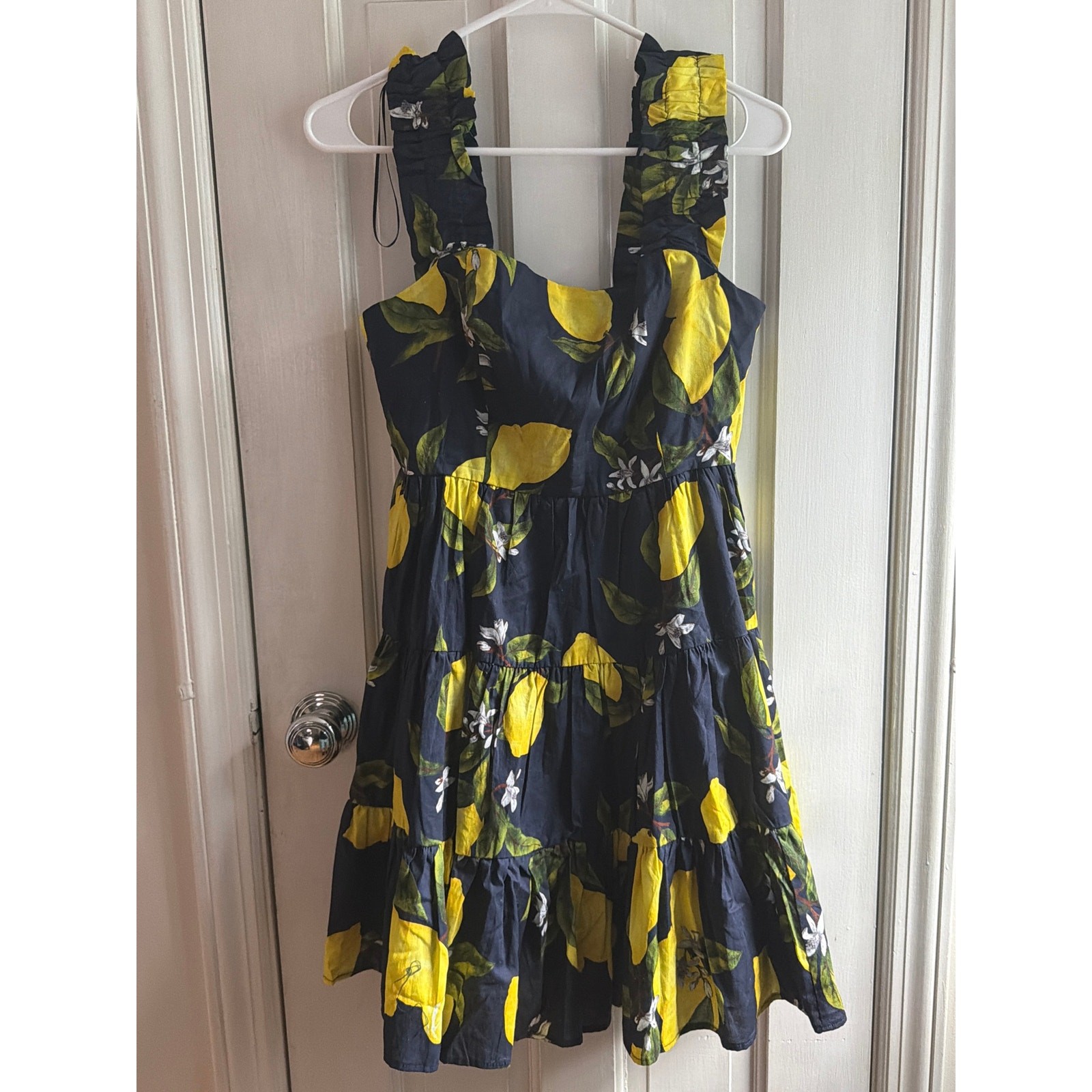Aqua Navy Blue Lemon Print Ruffle Mini Dress S