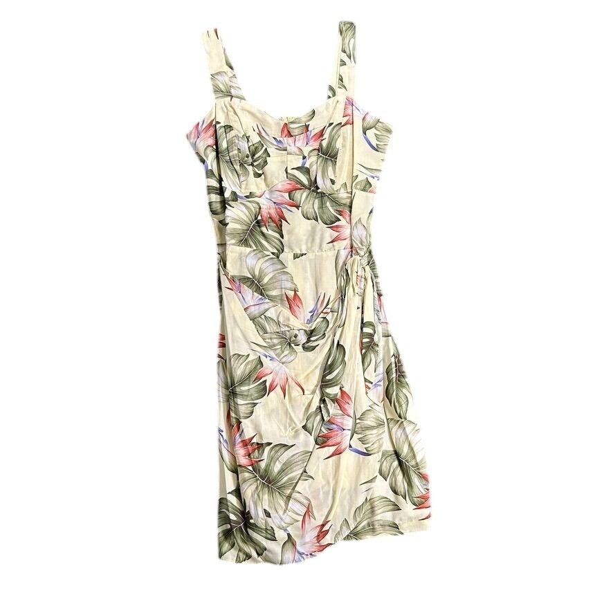 Vintage 90s PARADISE FOUND Yellow Hawaiian Tropical Leaf Mini Dress Size MEDIUM