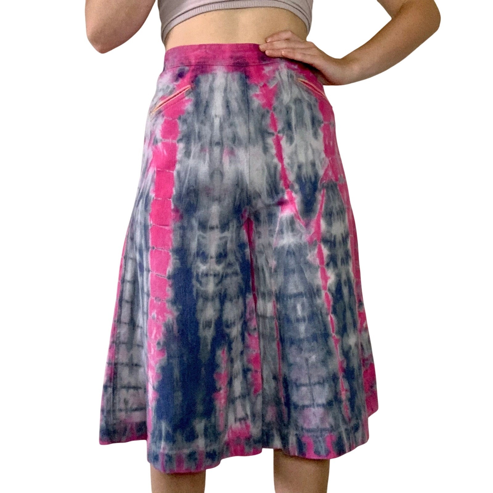 Unique Hand Dyed Vintage Shorts Culottes Blue & Pink Reverse Shibori Tie Dye