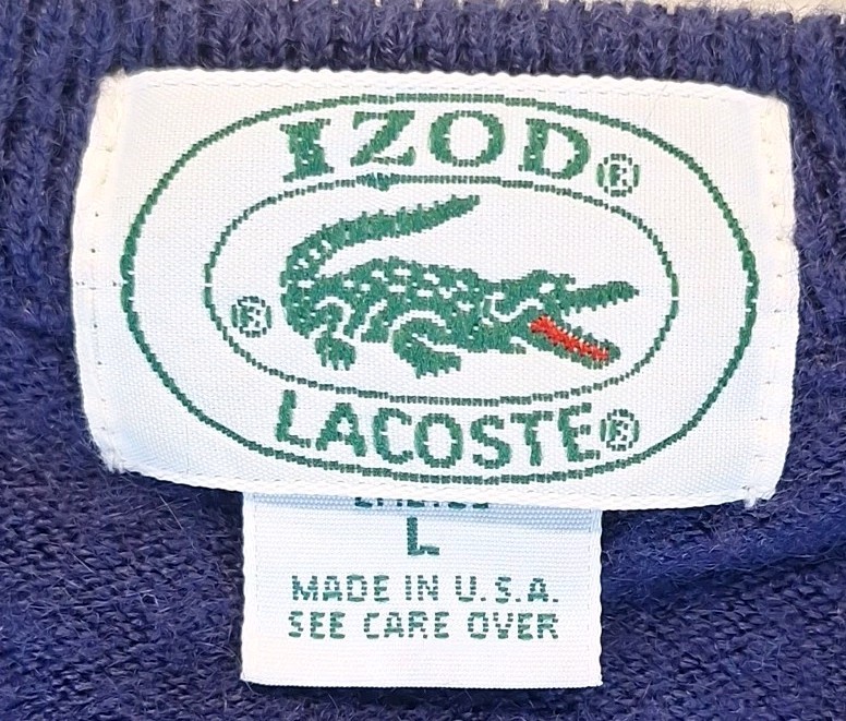 Vintage 70s Womens Izod Lacoste V-Neck Sweater Croc Logo Blue Large Made In USA