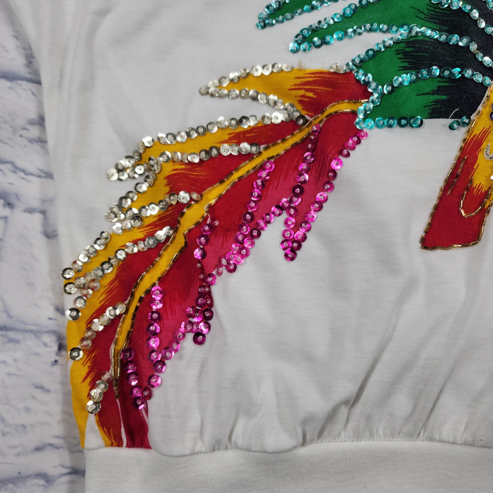 Bonnie Boerer Top WOMENS 2X Floral Sequins Shirt Beaded Retro VINTAGE 90s White