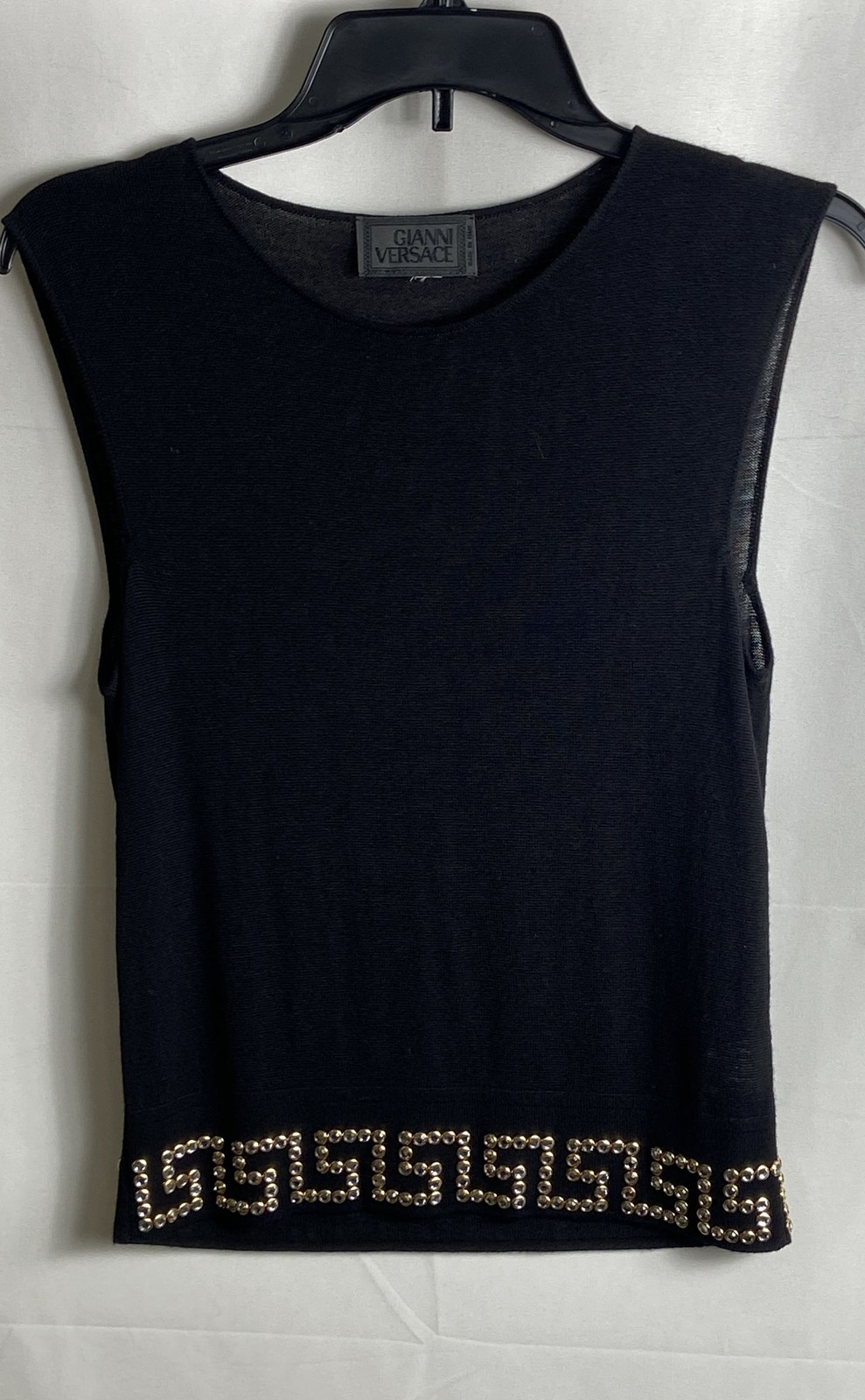 Gianni Versace Women’s Black Wool Rhinestone Greek Key Tank Top Size M