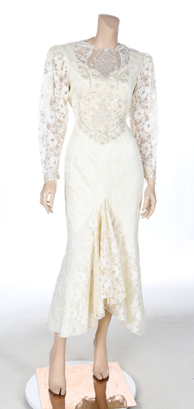 Unbranded Vintage 80s Ivory Lace Beaded Long Sleeve Fishtail Wedding Dress sz 12