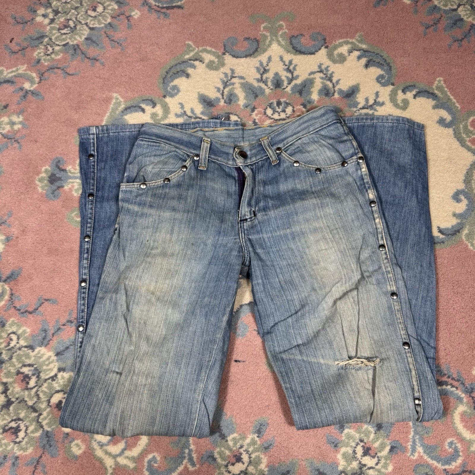 True Vintage 60s 70s Wrangler Bell Bottoms Ladybug Patched Denim Jeans 27×30