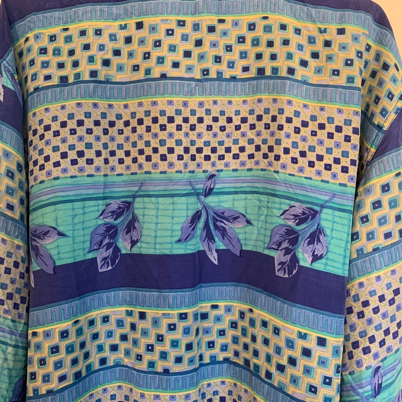 Fuda International Silk Jacket Womens Large Blue Green Pattern Full Zip Y2K