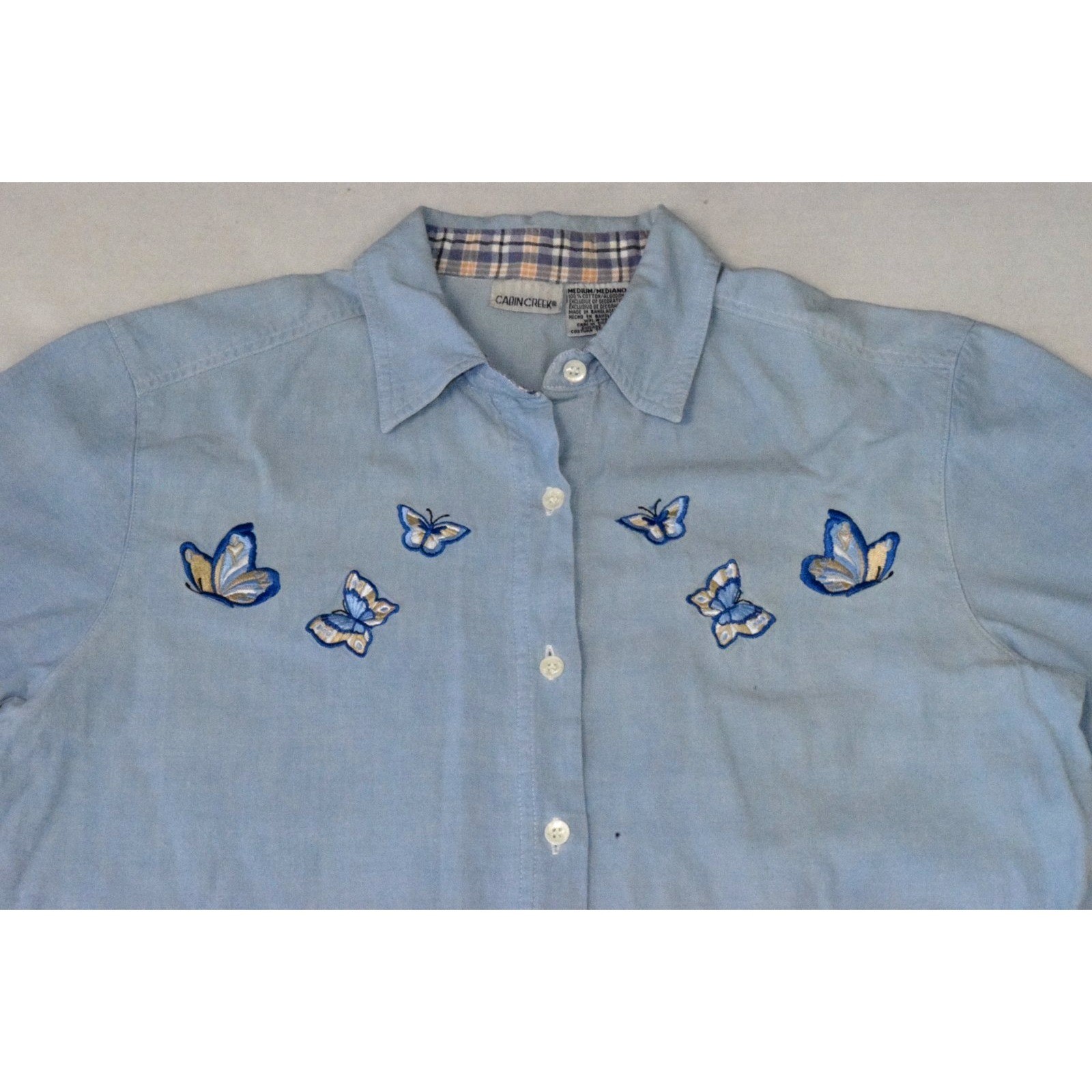Vintage Shirt Baby Blue Embroidered ButterfliesSize M 90s Cabin Creek Cotton
