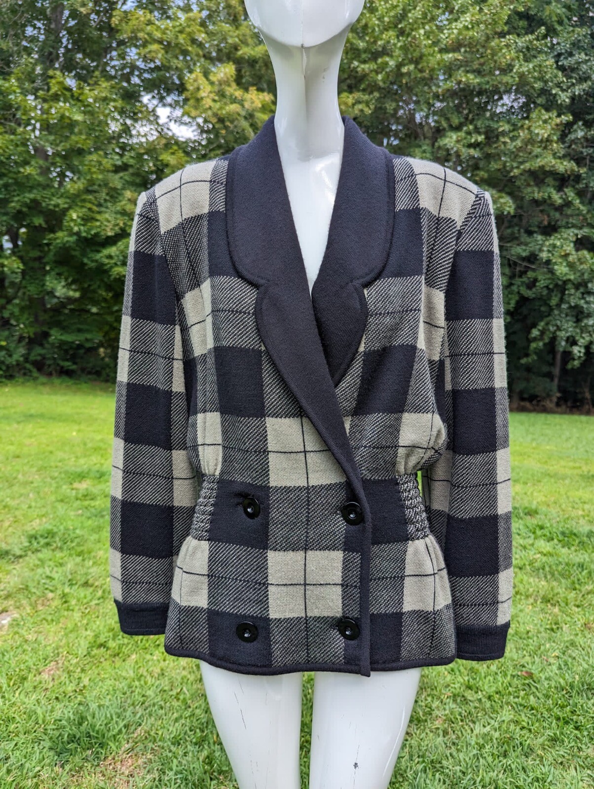 VINTAGE 1980’S PLAID WOOL JACKET W CINCHED WAIST BY VALENTINO