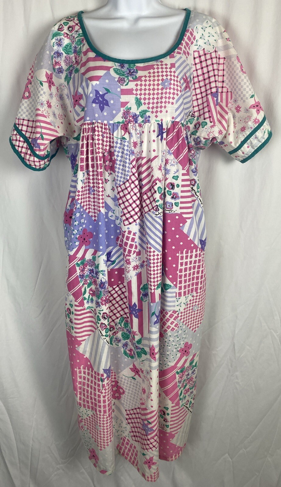 Just for Women Sears Nightgown Muumuu Pink & Green Checks Florals Vintage Sz S