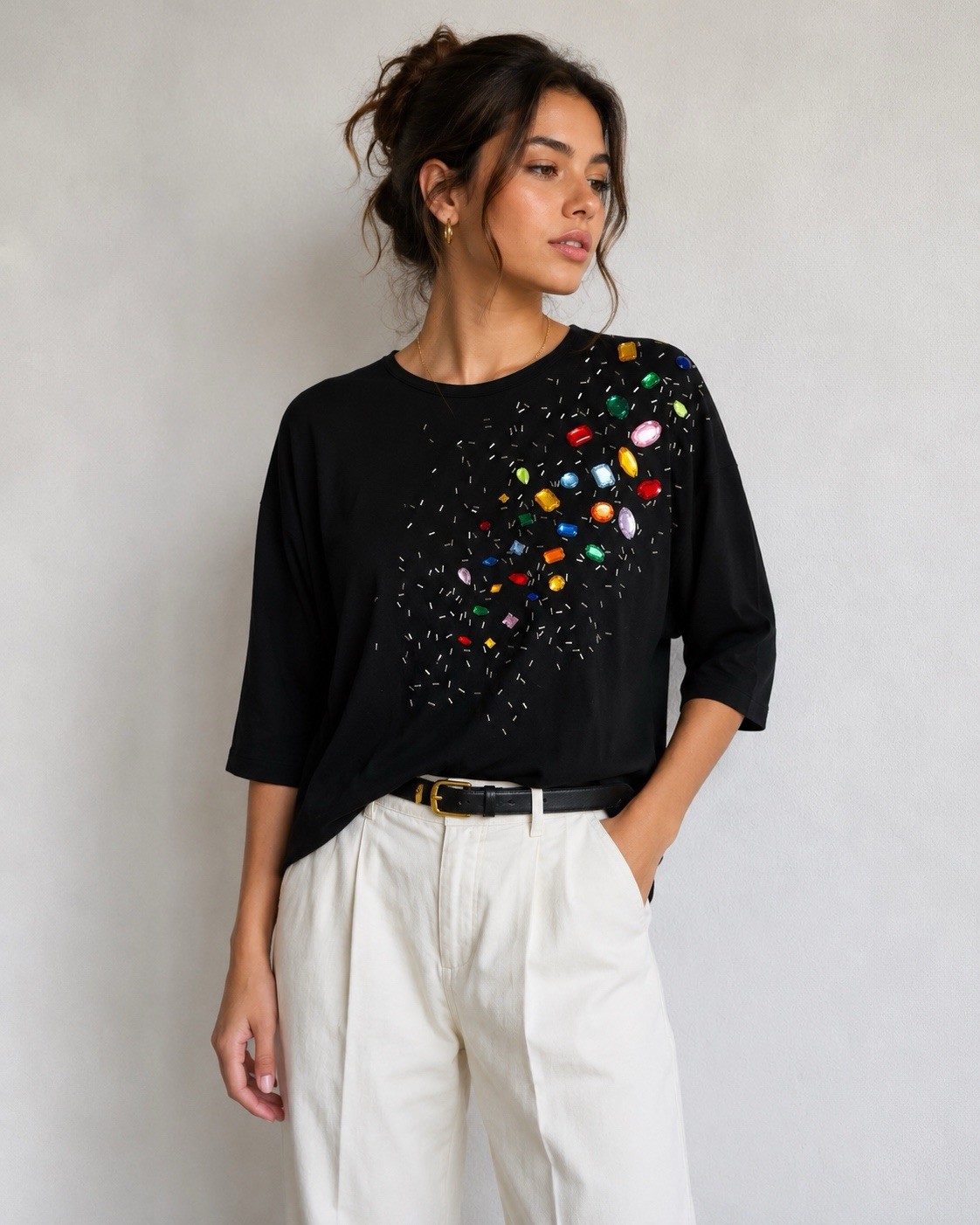Vintage Kenar Hand Beaded Rhinestone Top Black Cotton Jewel Embellished M