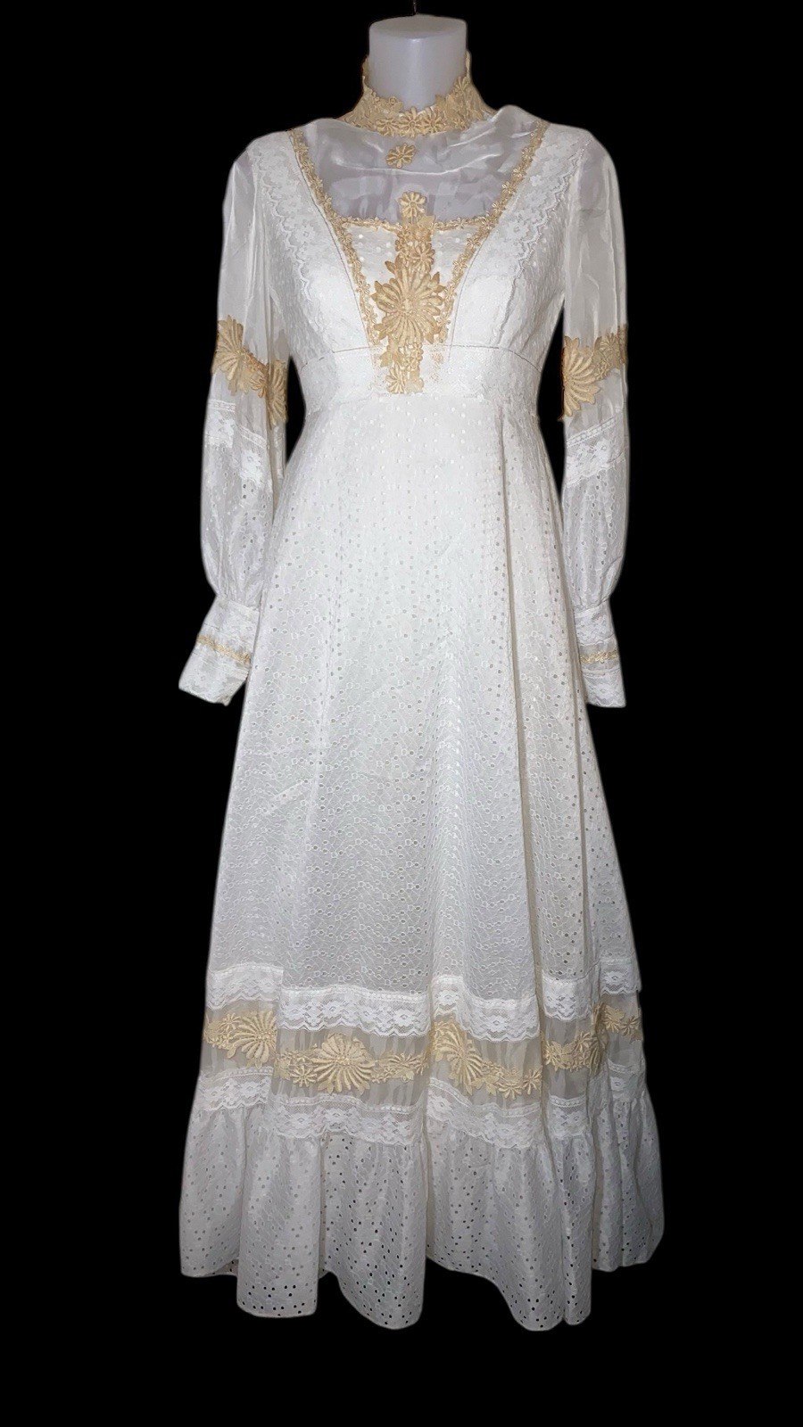 Vtg Womens Victorian Renaissance Ivory & Brown Lace Prairie Wedding Dress Sz S