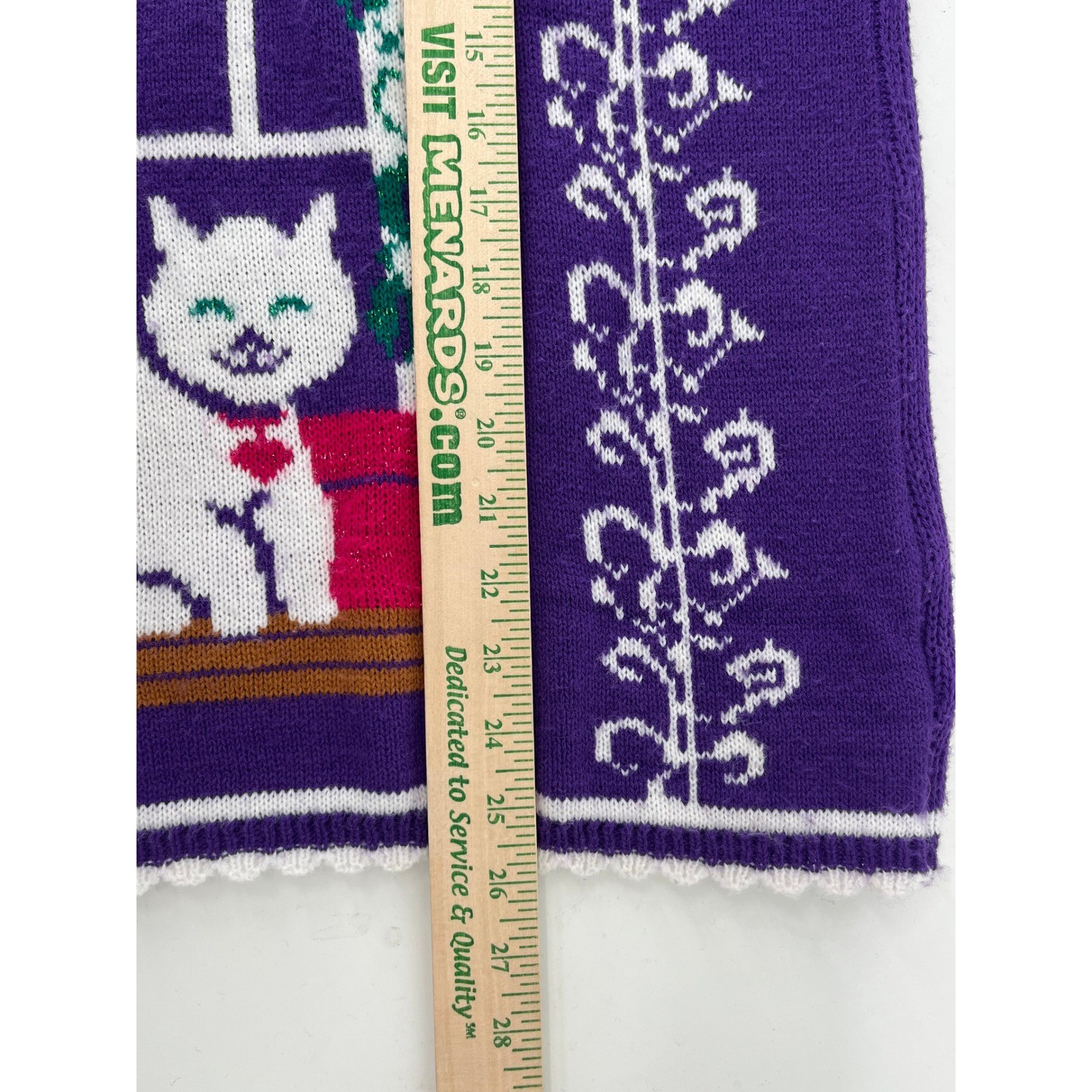 Vintage Spunky Purple Cat Window Intarsia Knit Sweater Mock Neck Scalloped Trim