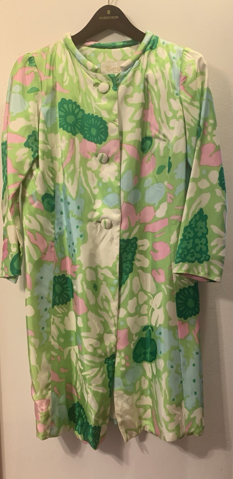 1960s Jacket COAT Small 3/4 Length TEFFTS MIAMI Flower Power Boho Green Pink Vtg