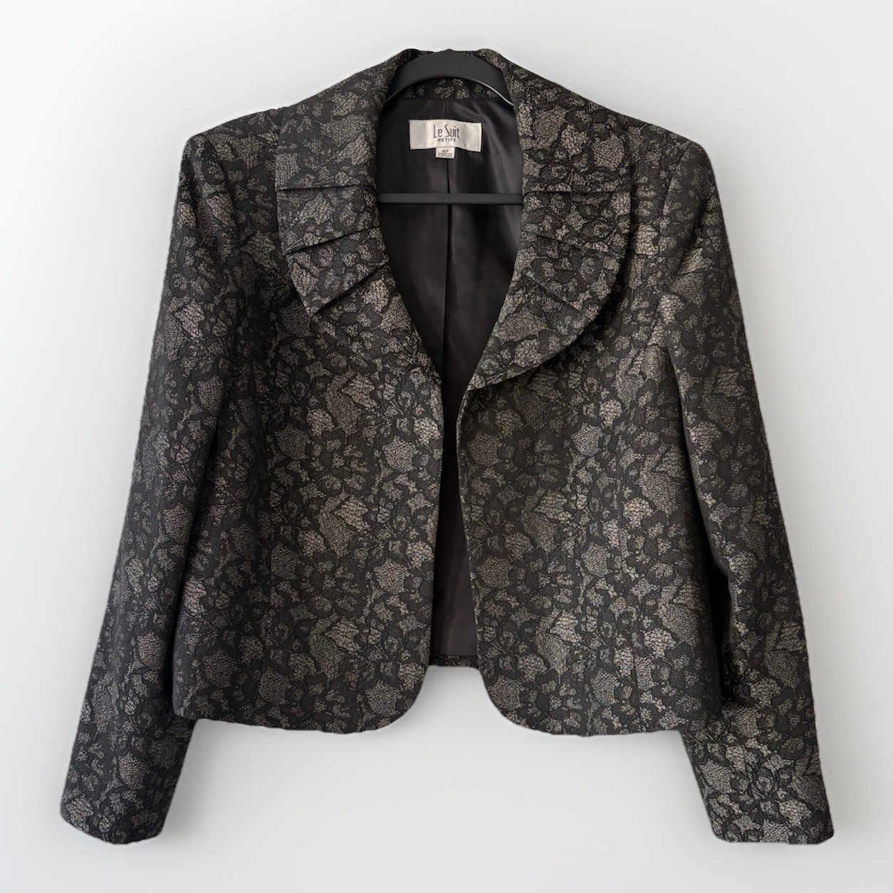 Vtg 80s Le Suit Black/Gray Lace Pattern Cropped Blazer Shoulder Pads Size 16 P