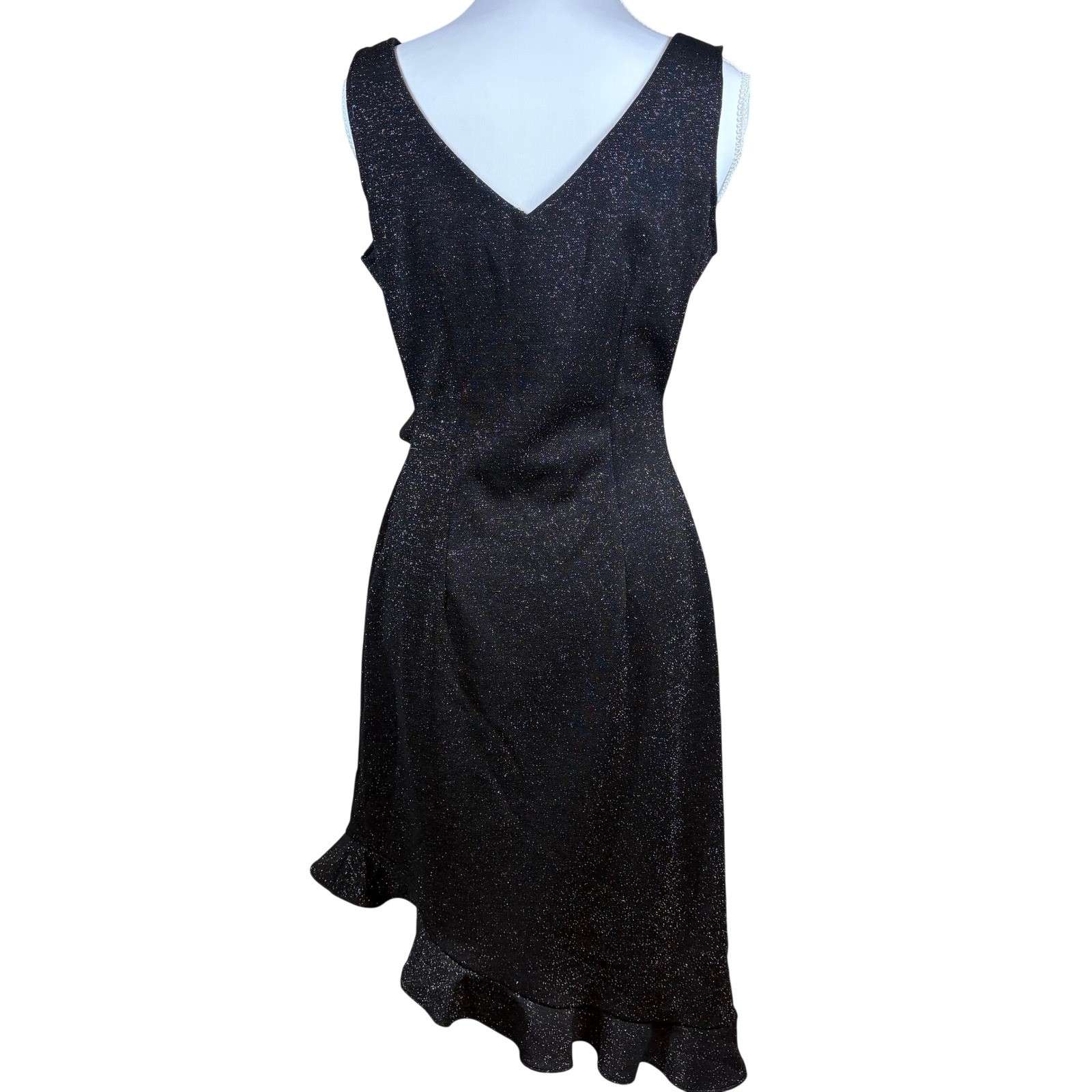 Vtg Breakin’Loose Dress 9/10 Black Silver Metallic Asymmetric Hem Ruffle Fairy