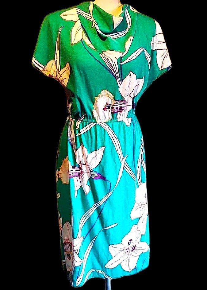VTG 70s Soft Jersey Semi Fitted Bright Florals Midi Beach, Poolside Dress S