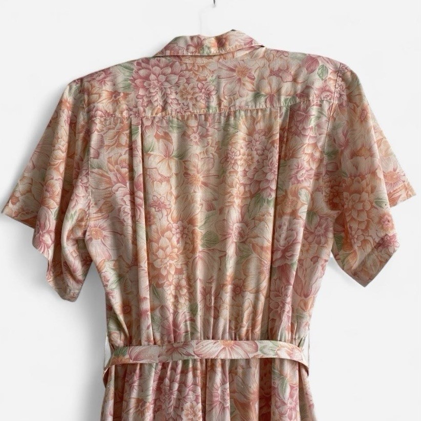 Vintage Floral Shirtwaist Midi Dress Belted Pink Cottagecore Tea Dress