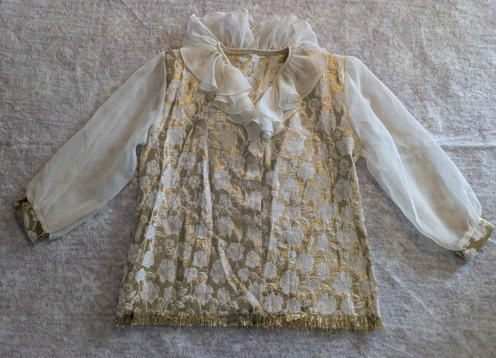 Vintage Gold Floral Blouse Cream Sheer Sleeves Ruffle Collar Homemade Unbranded