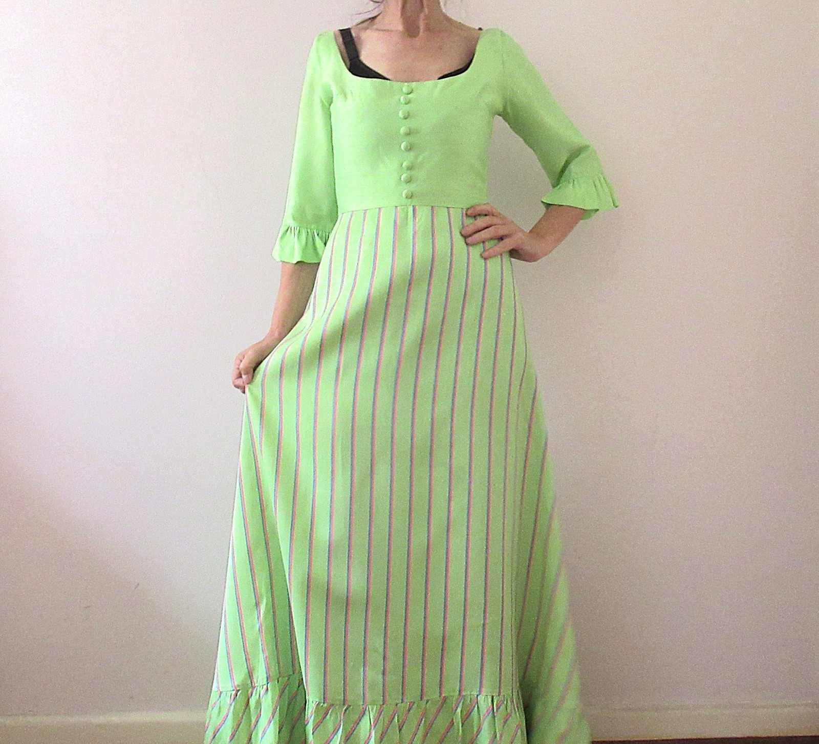 Vintage 70s Lime Green Prairie Bridgerton Empire Line Maxi Dress Small