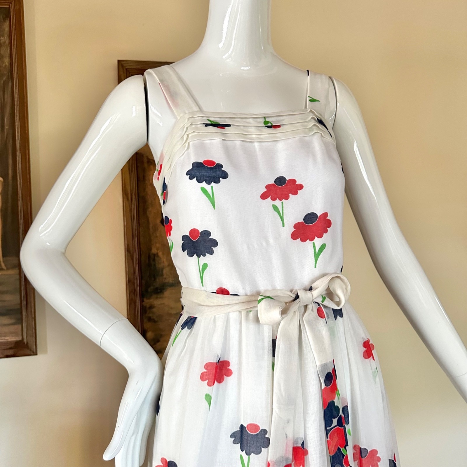 Vintage 1970s Hippie Daisy Garden Maxi Dress Red White & Blue Sundress S