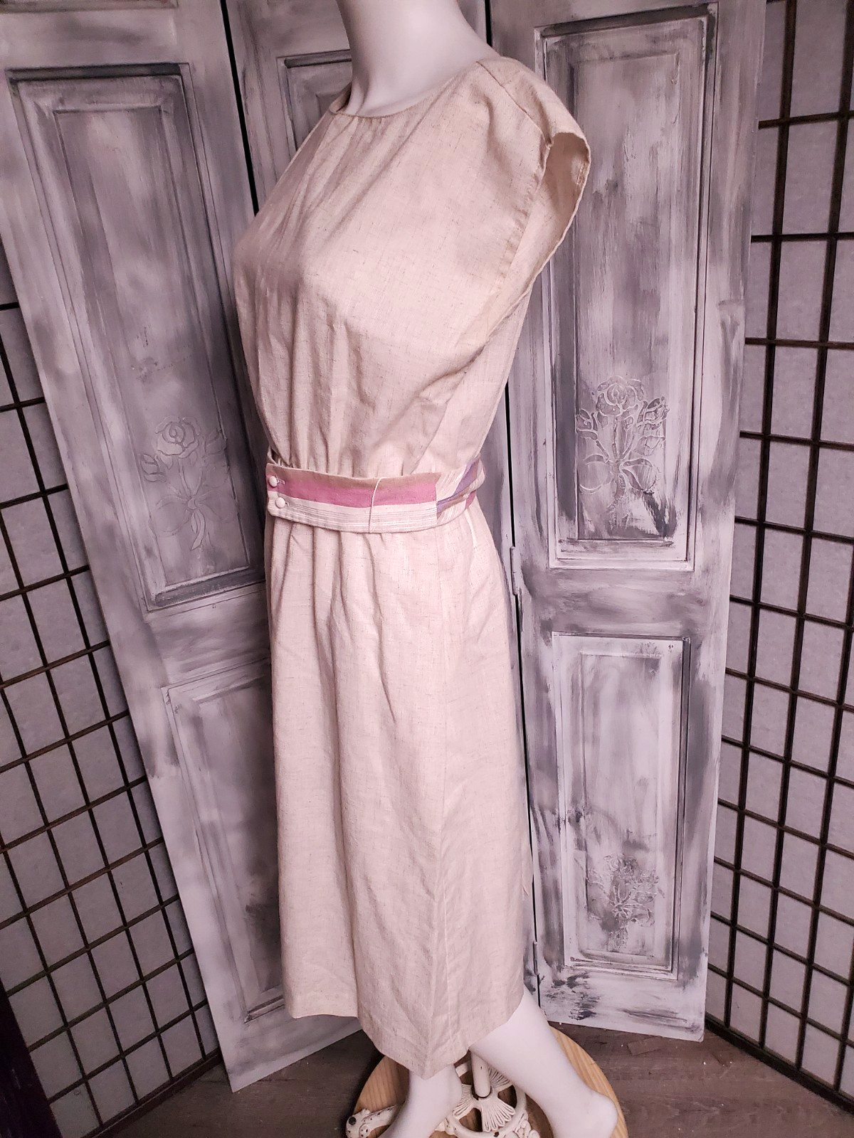 M VTG 80s Cream W/Belt Midi Sun Dress Linen OR Blend Sundress Elastic Waist