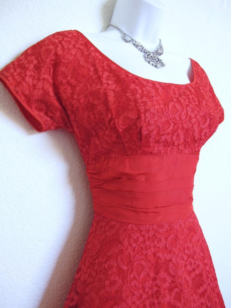 Vintage 50s Valentine Red Lace Party Dress XXS Full Skirt Bustle Back Wasp Waist