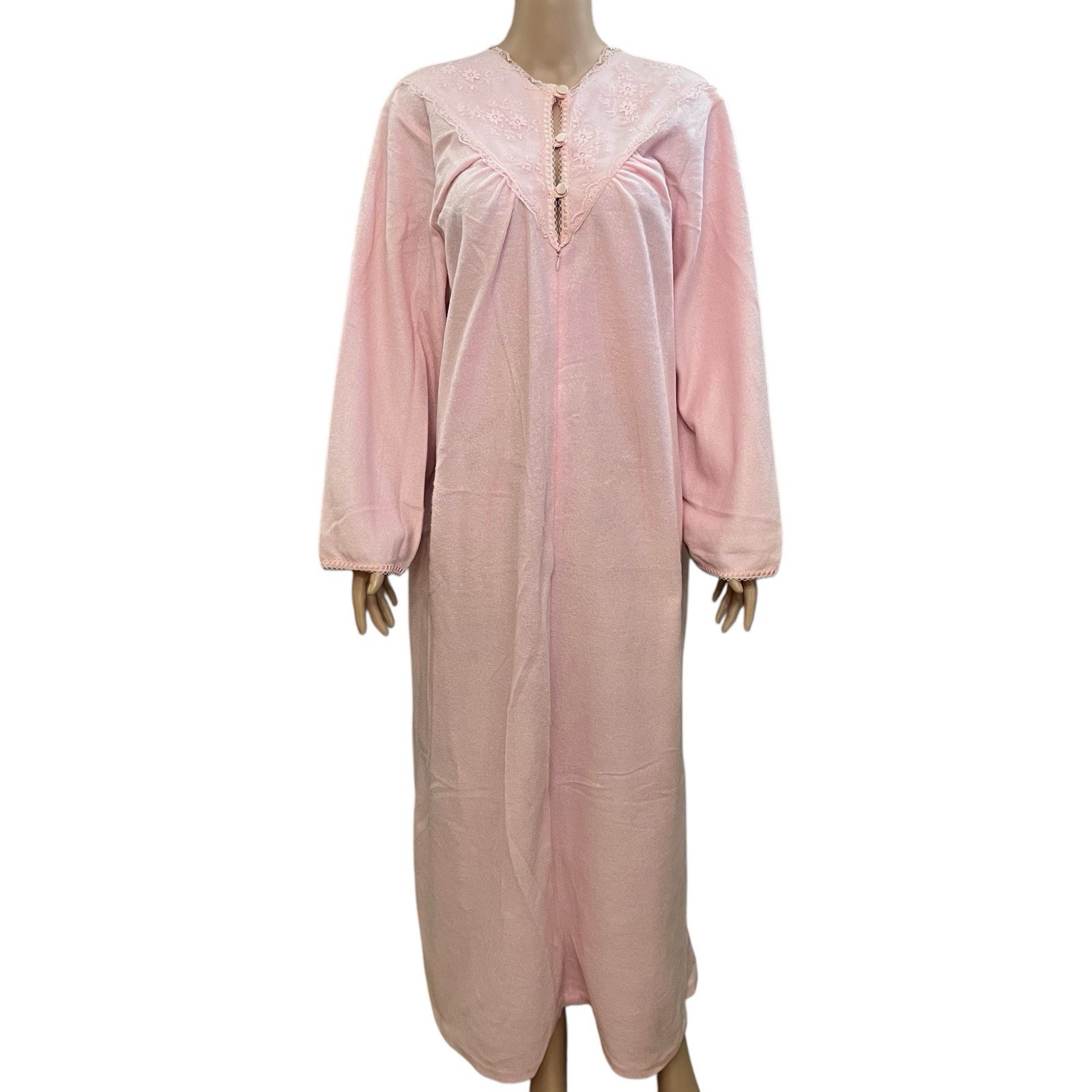 70s VTG Miss Diva Fleece Robe House Dress 42 EU/12 US Pink Coquette Lace Retro