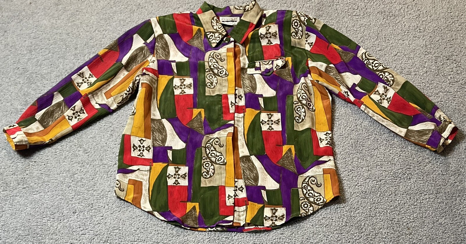 80s Christie & Jill Button Up Blouse L Red Purple Abstract Paisley City Festive