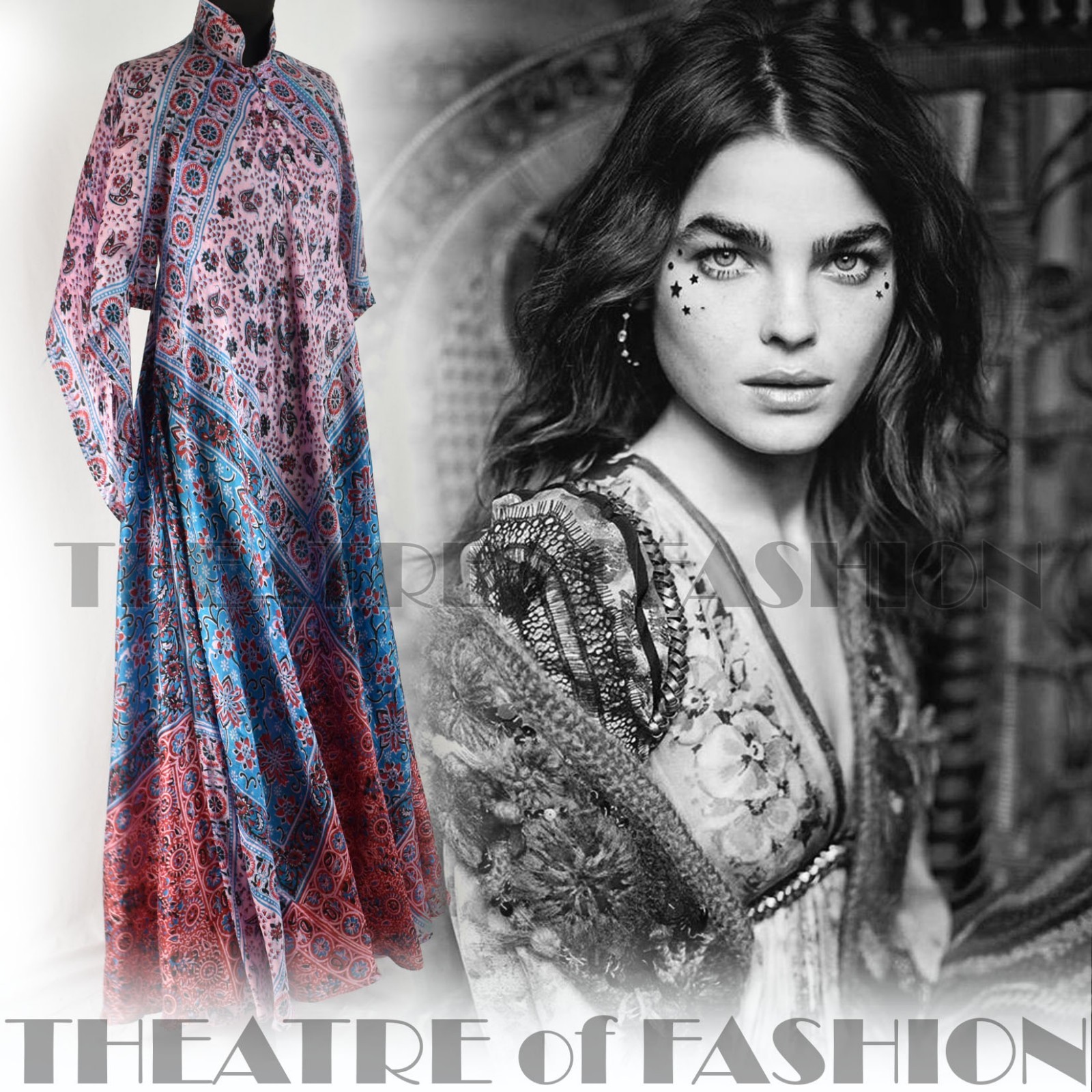 DRESS INDIAN SILK VINTAGE KAFTAN 70s WEDDING BOHO HIPPY-LUXE GODDESS M L XL XXL