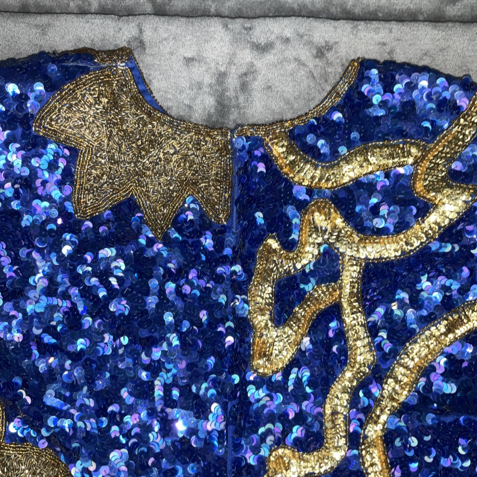 Vintage 1980s Silk Sequin Beaded Short Sleeve Laurence Kazar Dress Blue Gold PS