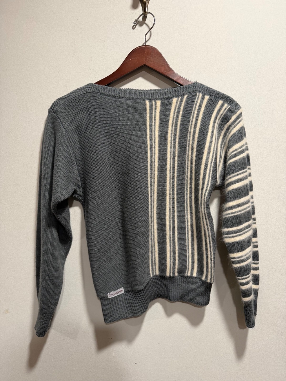 Vintage 1980s YVES SAINT LAURENT Activewear Sweater Grey White Stripe Womens YSL