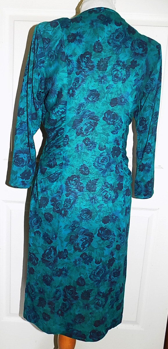 Vintage 80s Blue Aqua Floral Ruched Sides Dress Joni Blair of California Size 7