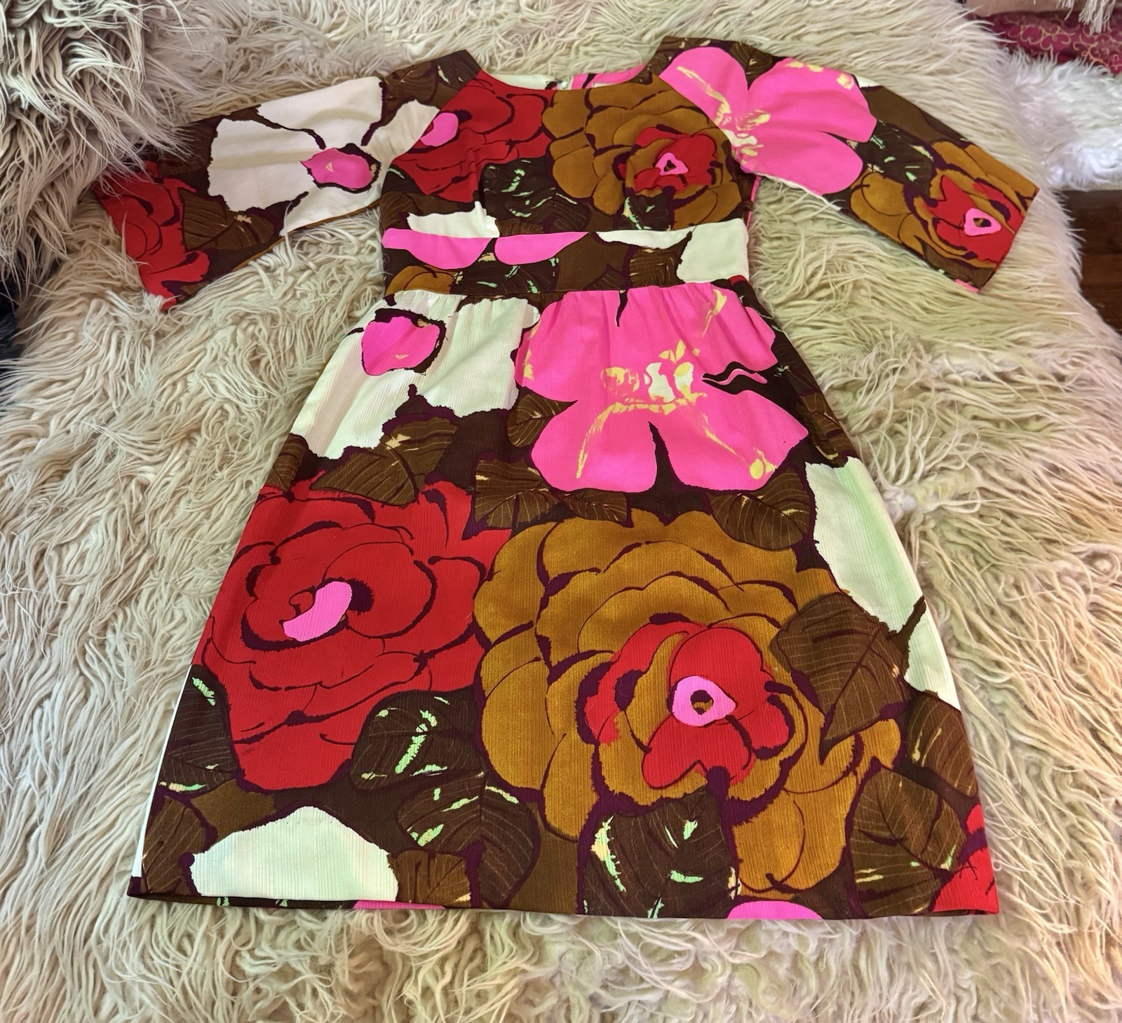 Vtg Kahala Hawaii Broadcloth Fit Flare Kimono Sleeve 3/4 Princess Dress Pop Art