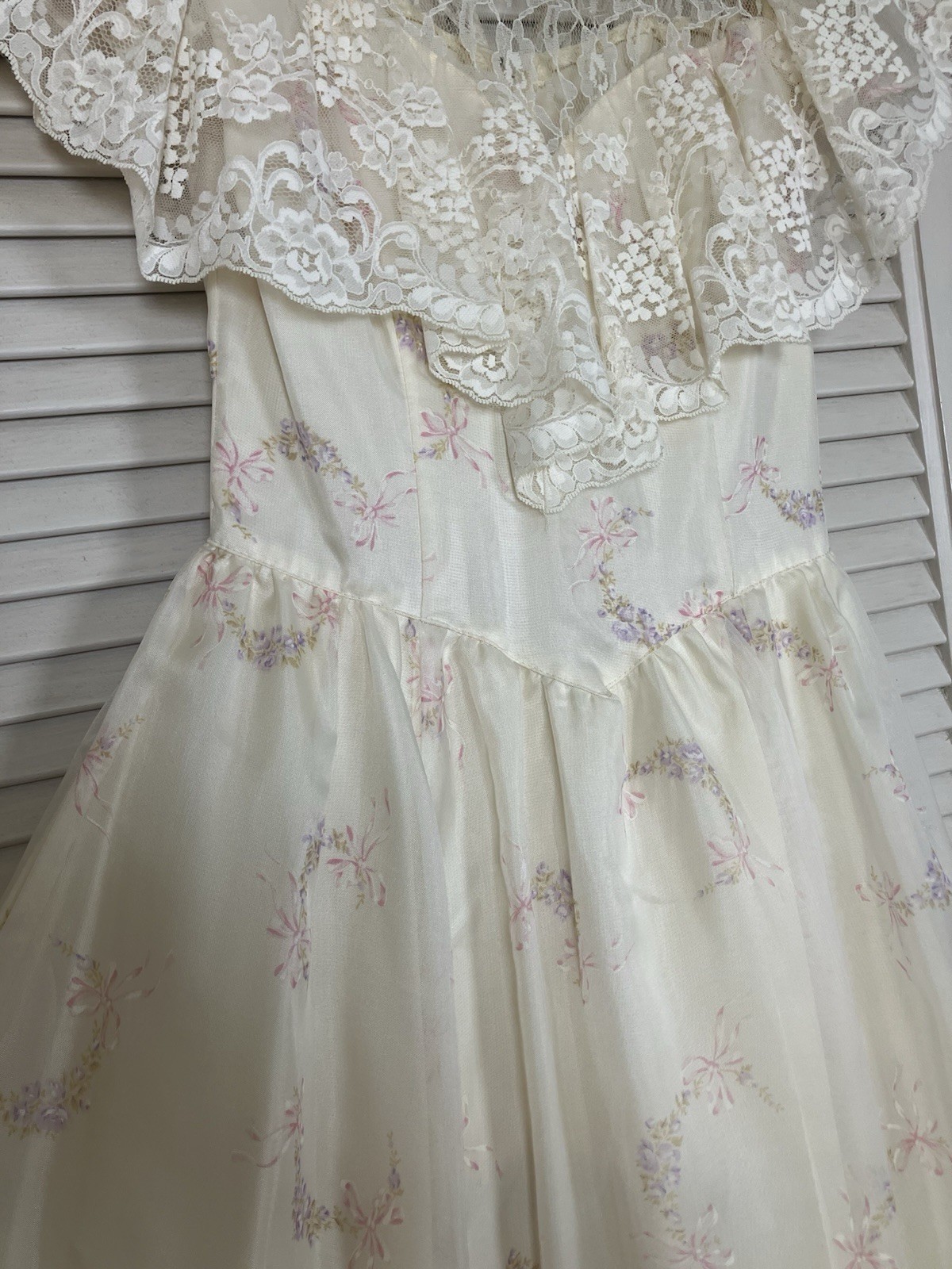 VTG Gunne Sax Wedding Dress Prairie Bows Ivory Lace Victorian Hoop Skirt Sz 5 Xs