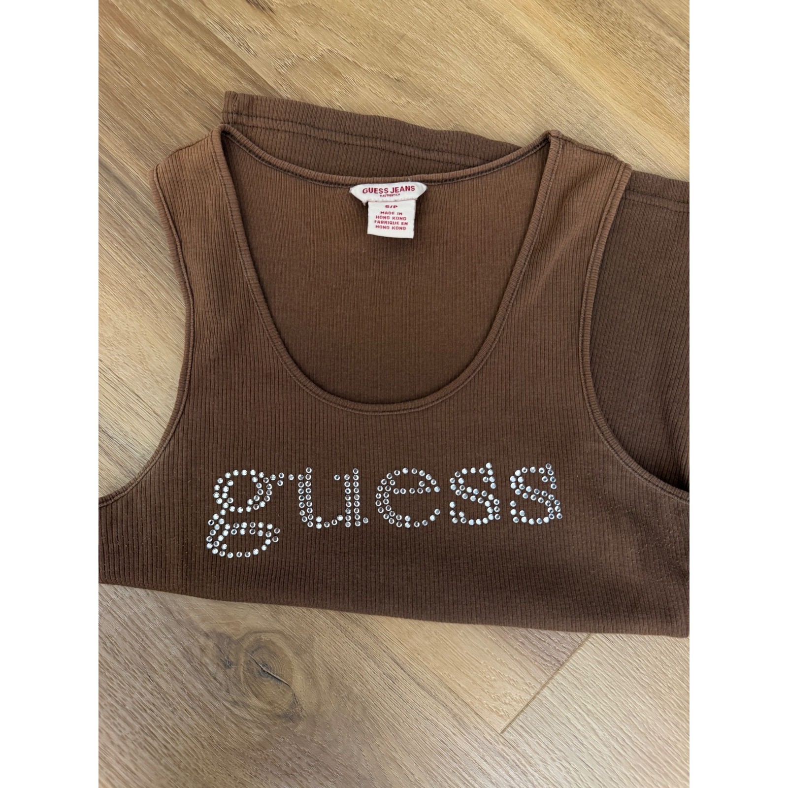 Vintage Guess Jeans Brown Rhinestone gem Logo Ribbed Tank Top Y2K S