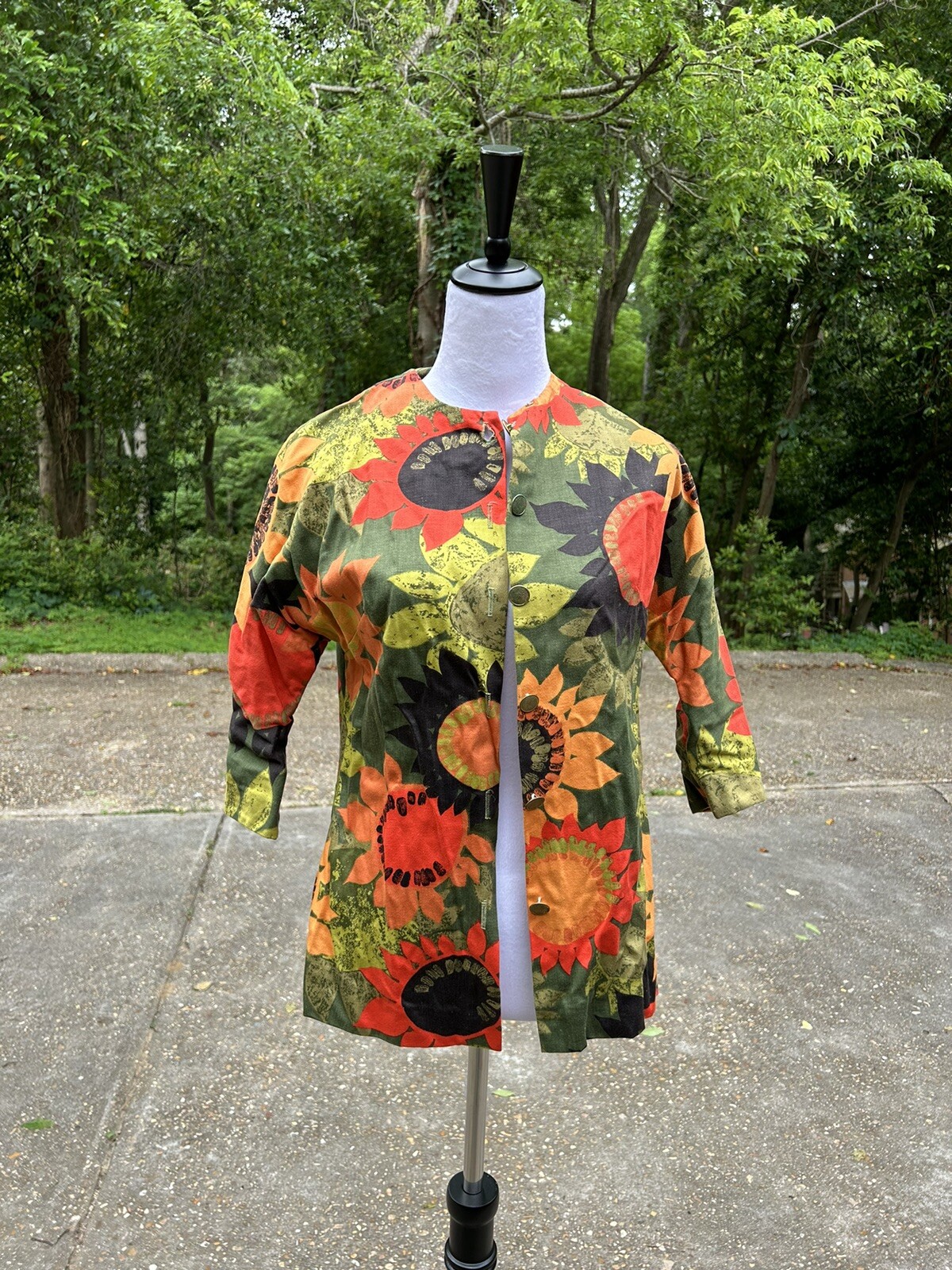 Vtg 60s Mod Floral Blouse Shirt Jacket 3/4 sleeve Sunflowers Abstract Art Boho