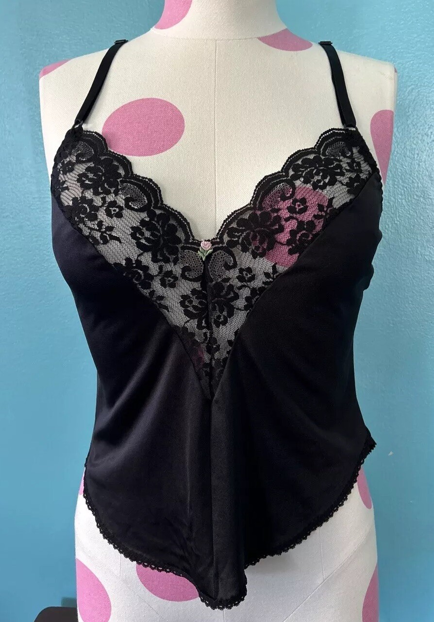 Vtg Chantilly Maidenform Black Cami Sz 32 Lace Trim Silky Nylon Second Skin