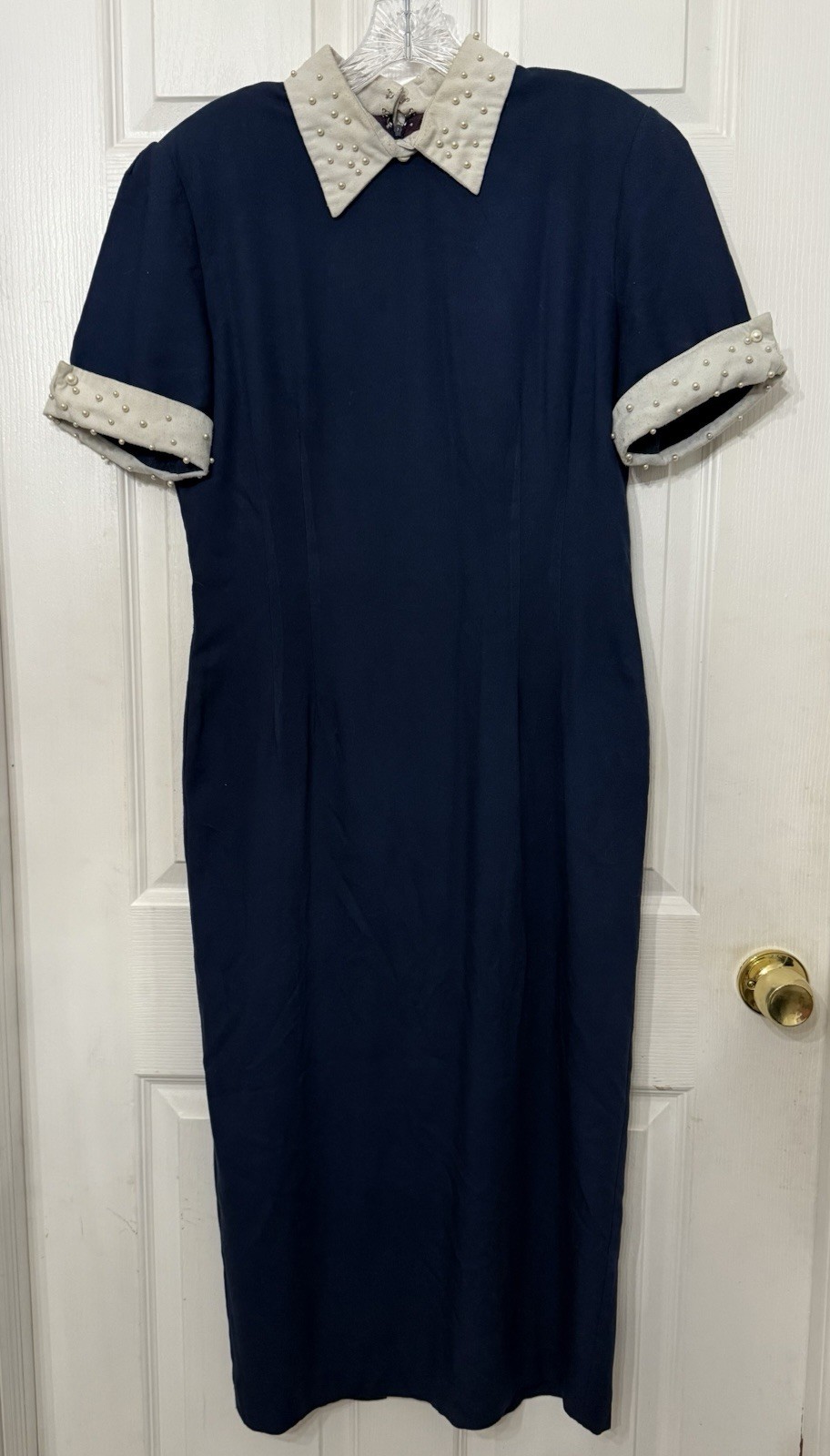 VTG Misty Lane Retro Collar Dress Sz 11/12 Beaded Faux Pearls 80s Blue & White