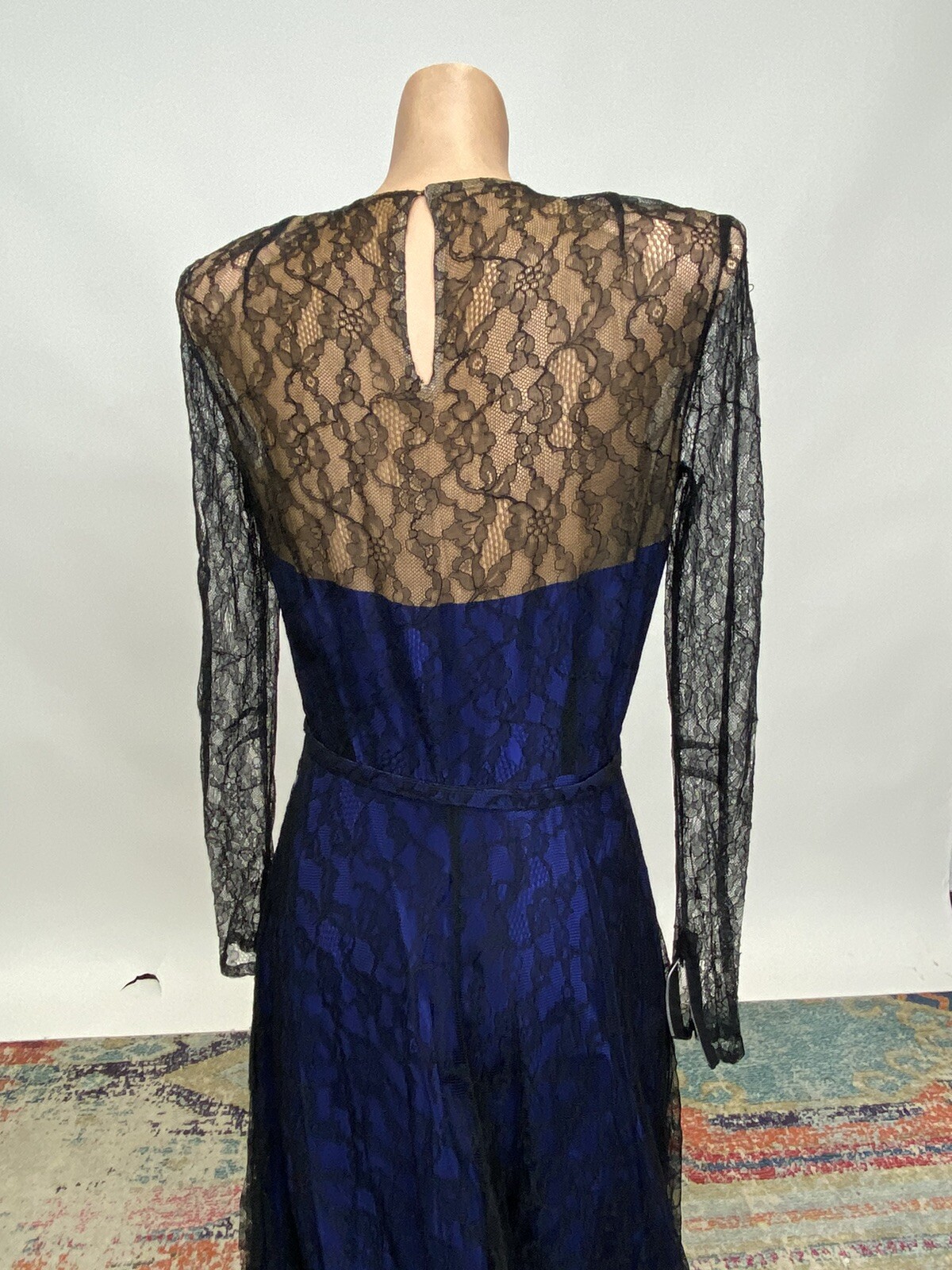 Antique Vintage 1940s Black & Blue Silk Chiffon Lace Bias Cut Full Length Gown