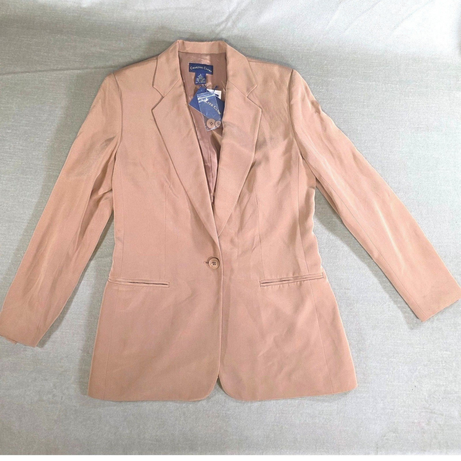 Vintage NWT Charter Club Silk Blazer Tan Single Button Professional Jacket Sz 6