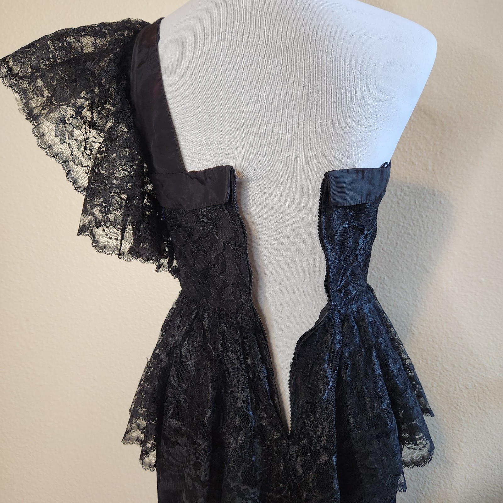 Vtg Black Lace One Shoulder Cocktail Dress 80s Peplum Climax For David Howard
