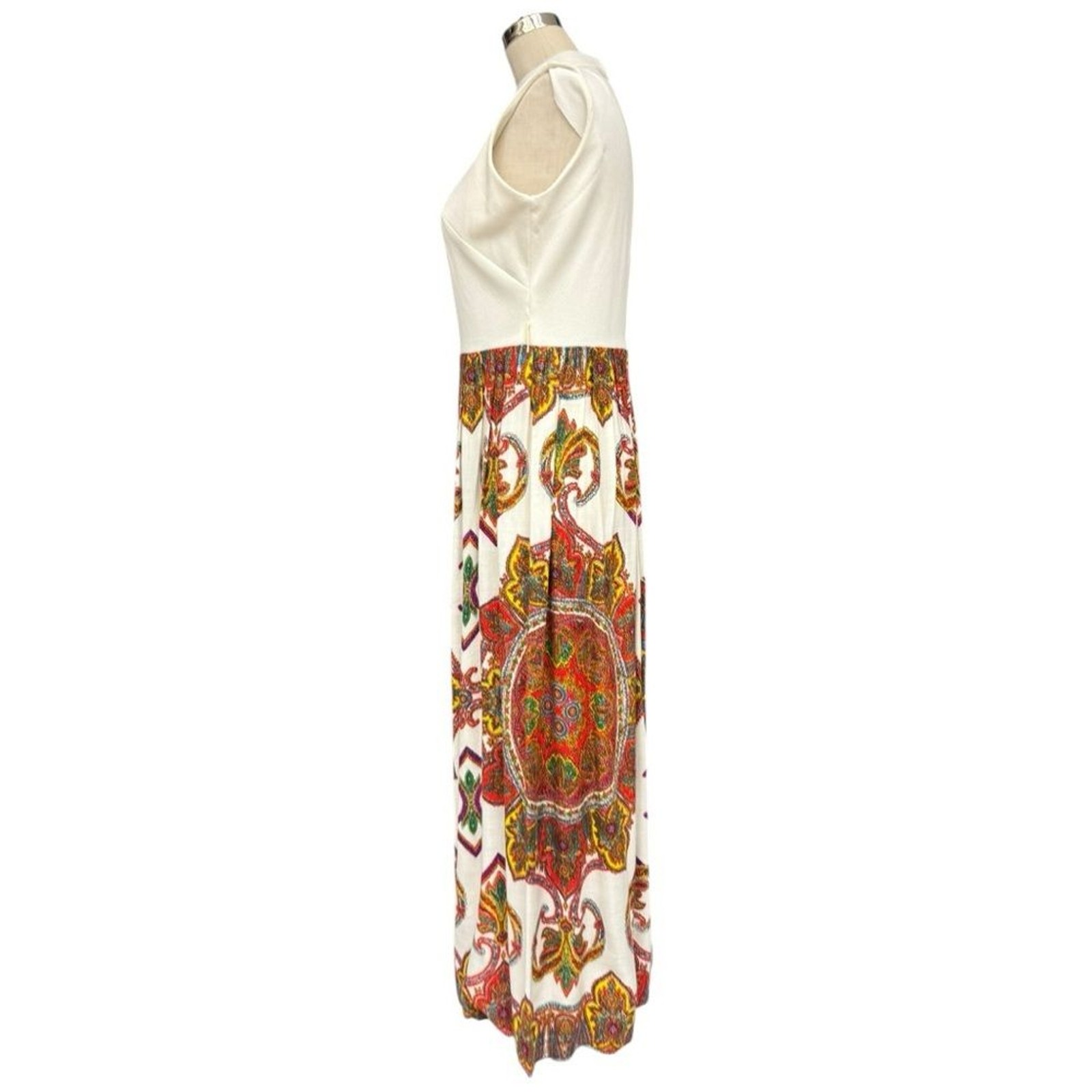 Vintage Mod Maxi Dress White Top Multicolor Paisley Skirt Sleeveless 70s Hippy