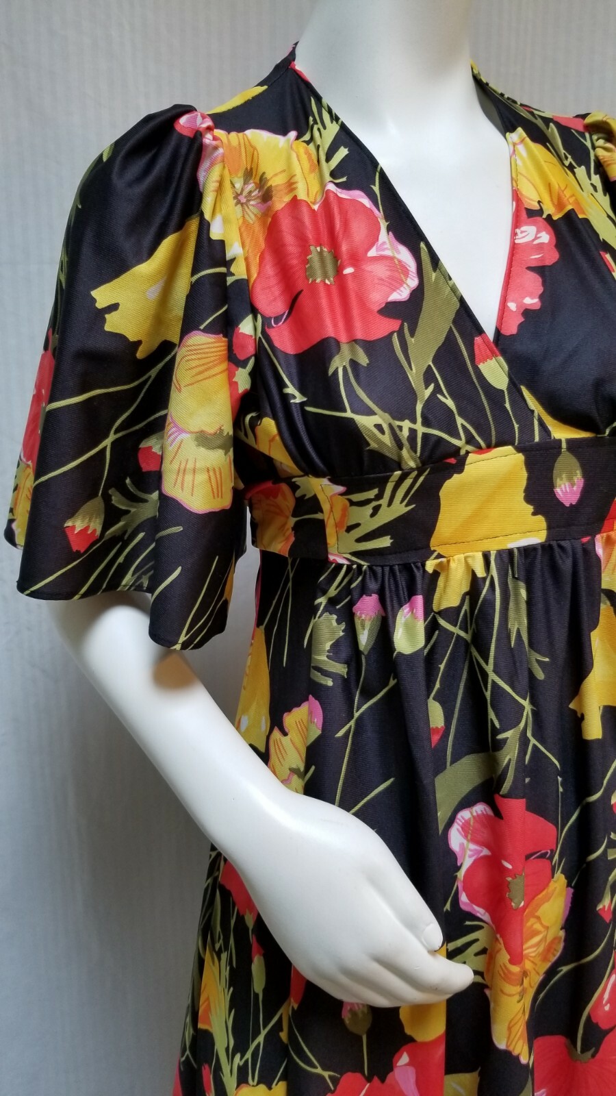 Vintage 70s Black Floral Print Empire Waist Maxi Dress Butterfly Sleeve – Size S
