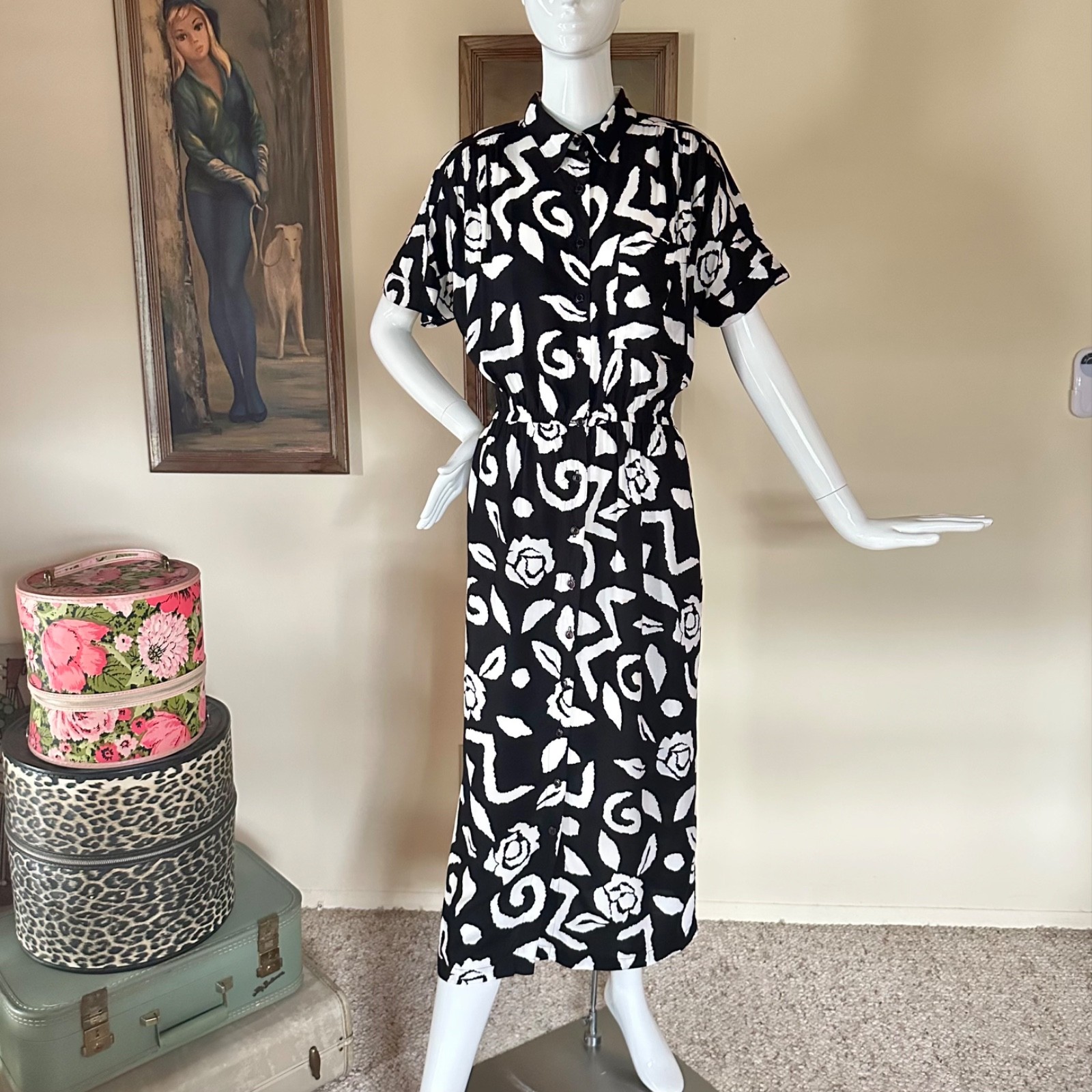 Vintage 1980s New Wave Together Abstract Print Shirtwaist Day Dress M/L