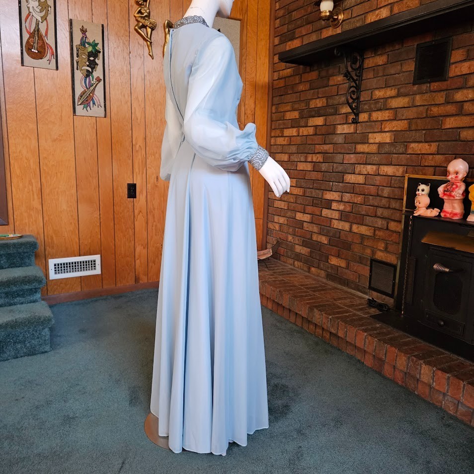 Vtg 70s Dreamy Chiffon Bishop Sleeves Powder Blue Prom Gown Bewitched Dress M